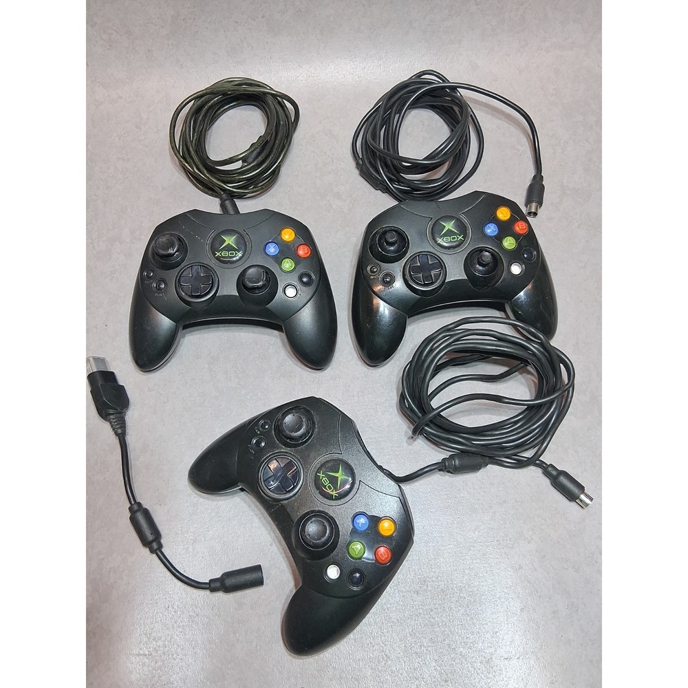 3 Microsoft Original Xbox Controller S Type Black - Breakaway Cable X2 Untested
